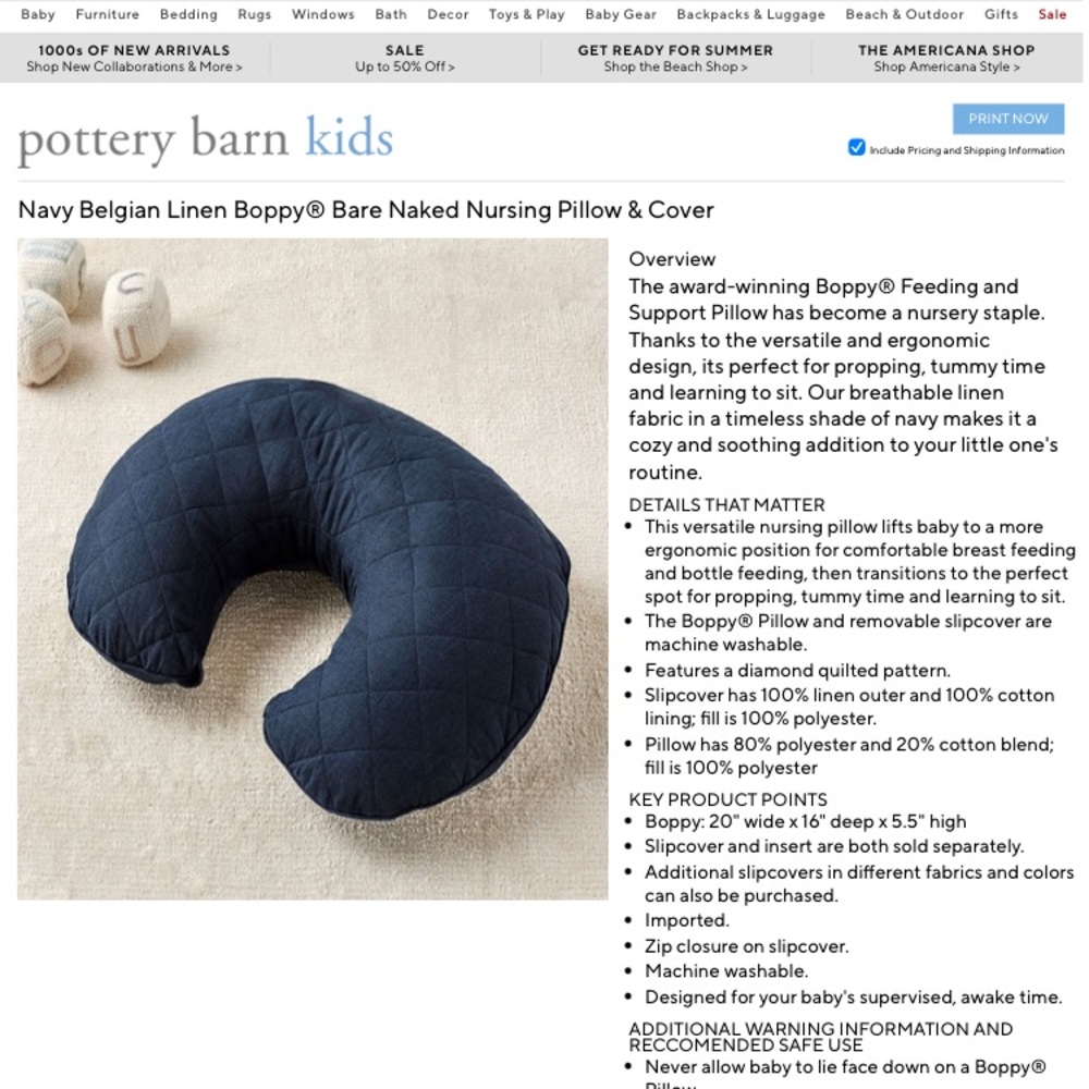 Pottery Barn Navy Linen Boppy Pillow + Cover